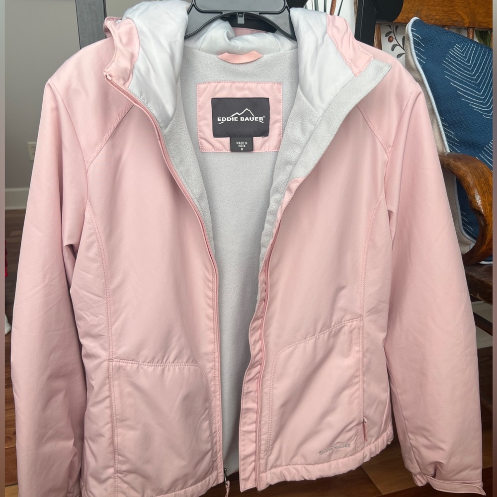 Eddie Bauer Fleece Lined Jacket Coat w/ hood Womens M Pink Full Zip Pockets